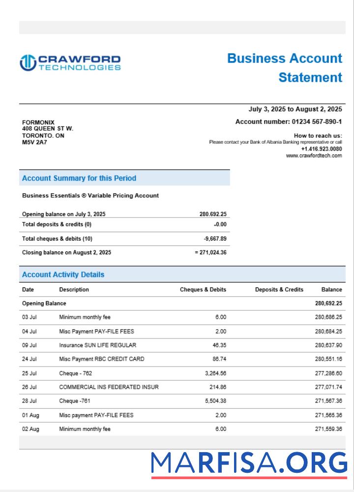 Printable CrawfordTech business bank statement Word and PDF format example